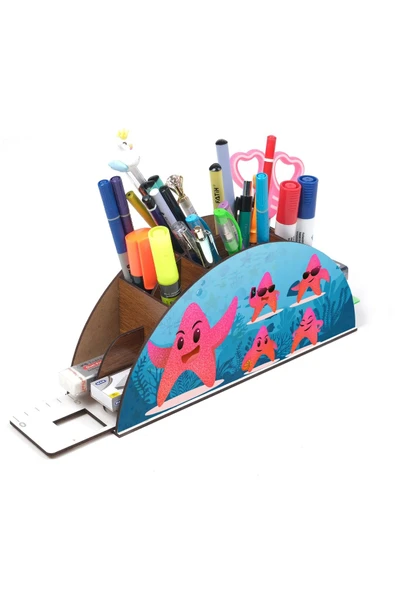 Notpa Ahşap Deniz Yıldızları Gökkuşağı Cetvelli Masaüstü Kalemlik Kutu Çocuklar Için Organizer Gk110 - Resim 3