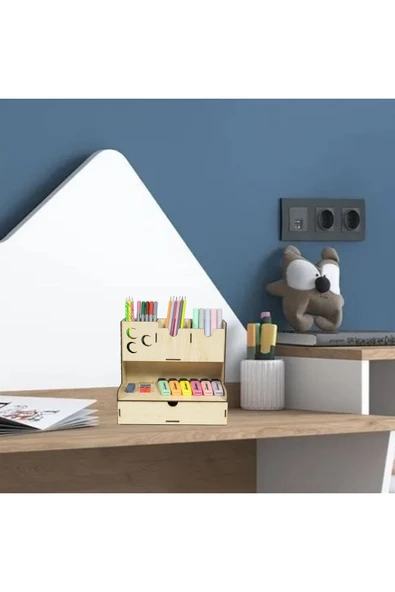 Notpa Çekmeceli Üç Hilal Desenli Akçaağaç Masaüstü Kalemlik Organizer Montajı Yapılmış Ürün ürün görseli 1