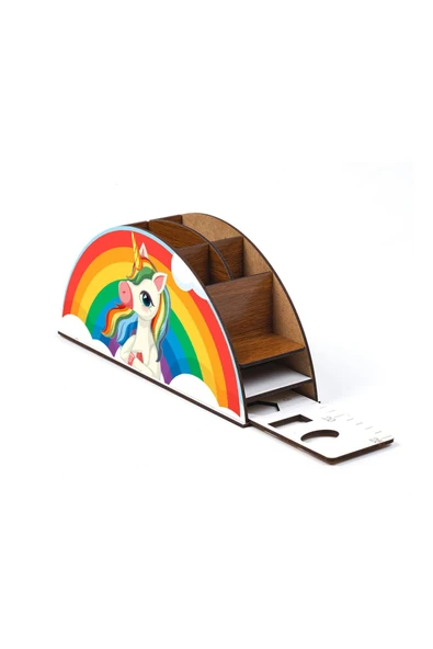 Notpa Ahşap Düşünen Unicorn Gökkuşağı Cetvelli Masaüstü Kalemlik Kutu Çocuklar Için Organizer Gk105 - Resim 5