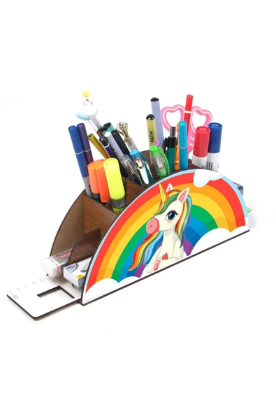 Notpa Ahşap Düşünen Unicorn Gökkuşağı Cetvelli Masaüstü Kalemlik Kutu Çocuklar Için Organizer Gk105 - Resim 3