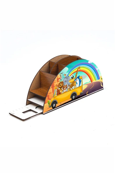 Notpa Ahşap Hayvanlar Otobüste Gökkuşağı Cetvelli Masaüstü Kalemlik Kutu Çocuklar Için Organizer Gk4 - Resim 4