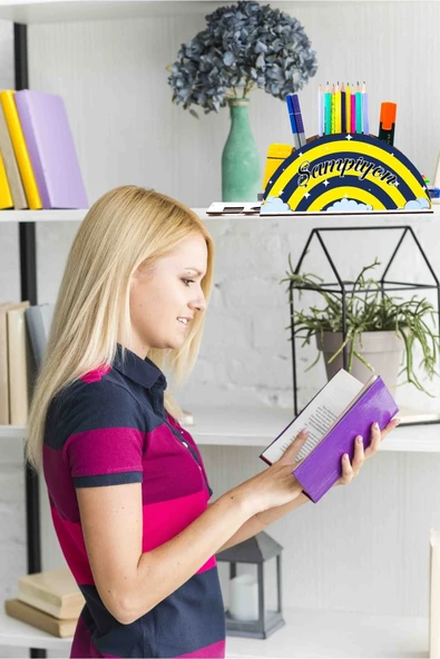 Notpa Ahşap Sarı Lacivert Gökkuşağı Cetvelli Masaüstü Kalemlik Kutu Çocuklar Için Organizer Gk112 ürün görseli 1