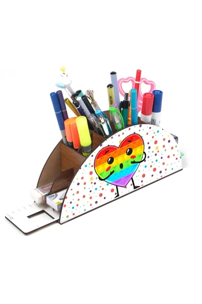 Notpa Ahşap Kalpli Popit Gökkuşağı Cetvelli Masaüstü Kalemlik Kutu Çocuklar Için Organizer Gk108 - Resim 3