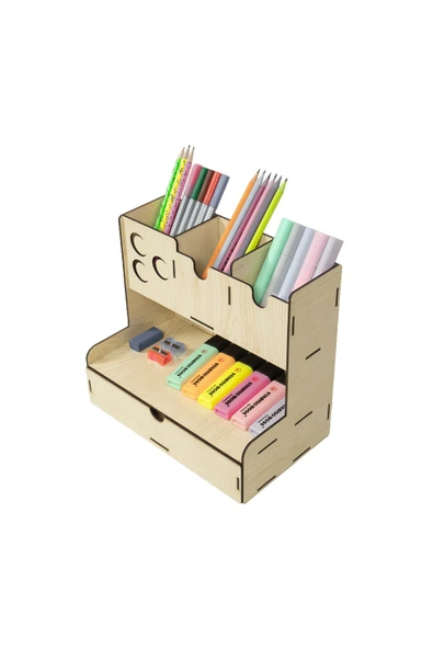 Notpa Çekmeceli Üç Hilal Desenli Akçaağaç Masaüstü Kalemlik Organizer Montajı Yapılmış Ürün - Resim 4