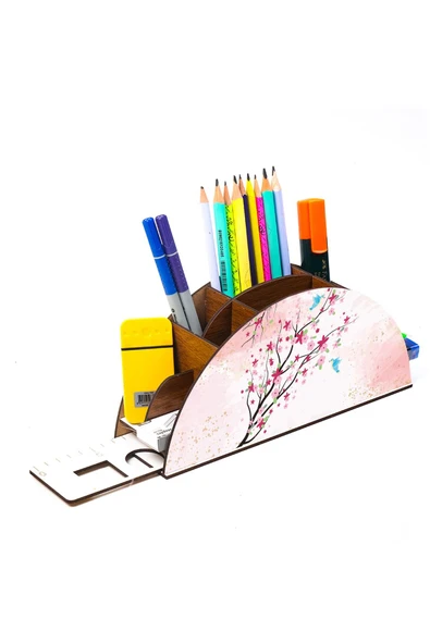 Notpa Ahşap Kiraz Dalı Gökkuşağı Cetvelli Masaüstü Kalemlik Kutu Çocuklar Için Organizer Gk122 - Resim 3