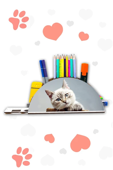 Notpa Ahşap Şirin Kedi Gökkuşağı Cetvelli Masaüstü Kalemlik Kutu Çocuklar Için Organizer Gk127 - Resim 2