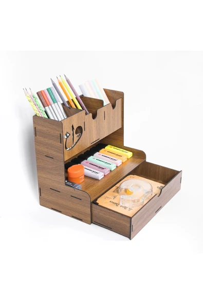 Notpa Çekmeceli Elif Vav Fiğürlü Masaüstü Kalemlik Organizer Ceviz Montajı Yapılmış Ürün - Resim 7