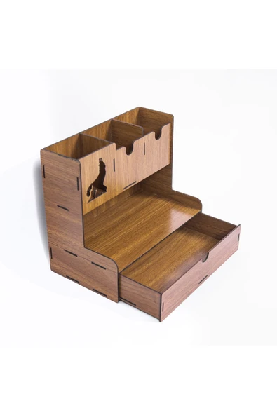 Notpa Çekmeceli Bozkurt Fiğürlü Masaüstü Kalemlik Organizer Ceviz Montajı Yapılmış Ürün - Resim 7