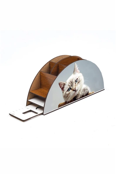 Notpa Ahşap Şirin Kedi Gökkuşağı Cetvelli Masaüstü Kalemlik Kutu Çocuklar Için Organizer Gk127 - Resim 4