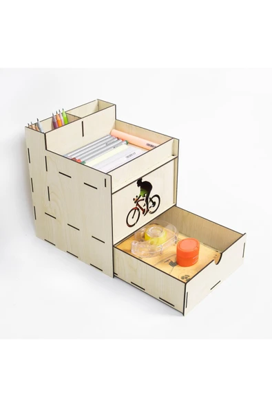 Notpa Ahşap Masaüstü Organizer Kalemlik Kare Bisikletli Montajı Yapılmış ürün görseli 1