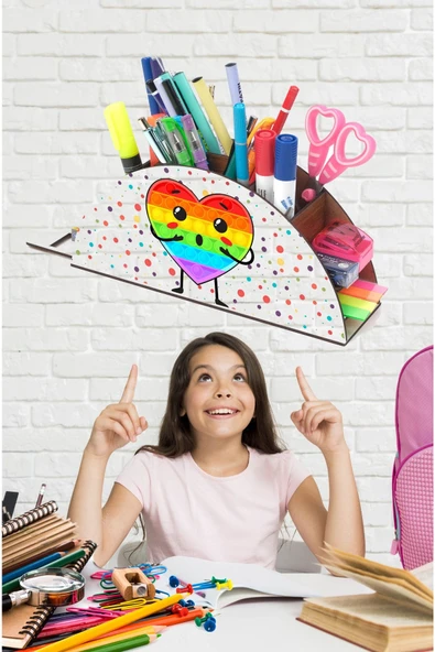 Notpa Ahşap Kalpli Popit Gökkuşağı Cetvelli Masaüstü Kalemlik Kutu Çocuklar Için Organizer Gk108