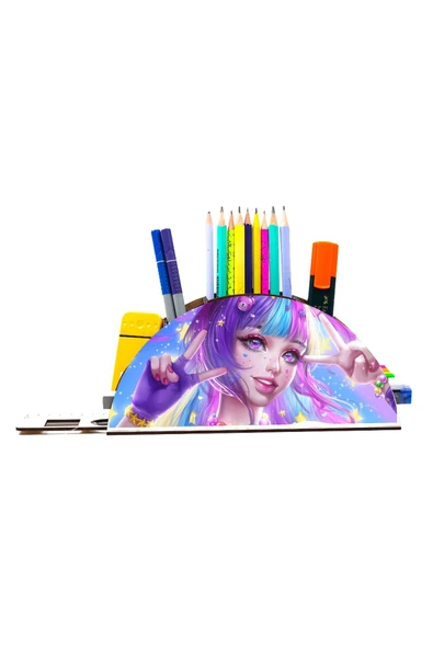 Notpa Ahşap Zafer Anime Kızı Gökkuşağı Cetvelli Masaüstü Kalemlik Kutu Çocuklar Için Organizer Gk60 - Resim 3