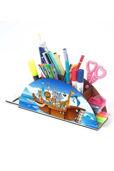 Notpa Ahşap Hayvanlar Gemide Gökkuşağı Cetvelli Masaüstü Kalemlik Kutu Çocuklar Için Organizer Gk10 ürün görseli 1