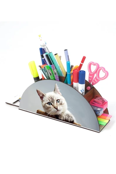 Notpa Ahşap Şirin Kedi Gökkuşağı Cetvelli Masaüstü Kalemlik Kutu Çocuklar Için Organizer Gk127 - Resim 3