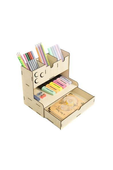 Notpa Çekmeceli Üç Hilal Desenli Akçaağaç Masaüstü Kalemlik Organizer Montajı Yapılmış Ürün - Resim 2