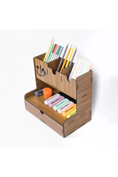 Notpa Çekmeceli Elif Vav Fiğürlü Masaüstü Kalemlik Organizer Ceviz Montajı Yapılmış Ürün - Resim 6