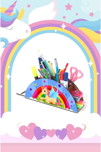 Notpa Ahşap Kanatlı At Unicorn Gökkuşağı Cetvelli Masaüstü Kalemlik Kutu Çocuklar Için Organizer Gk25 - Resim 3