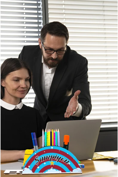 Notpa Ahşap Bordo Mavi Gökkuşağı Cetvelli Masaüstü Kalemlik Kutu Çocuklar Için Organizer Gk41 - Resim 2