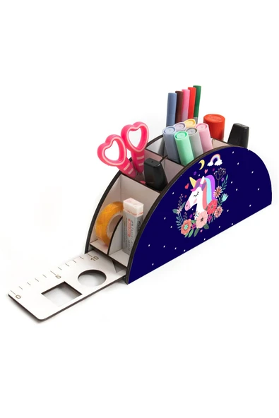 Notpa Ahşap Gece Unicorn Gökkuşağı Cetvelli Masaüstü Kalemlik Kutu Çocuklar Için Organizer Gk93 - Resim 7