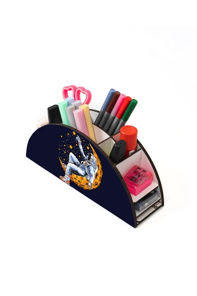 Notpa Ahşap Vip Ay Ve Astronot Cetvelli Masaüstü Kalemlik Kutu Çocuklar Için Organizer Vip16 - Resim 3