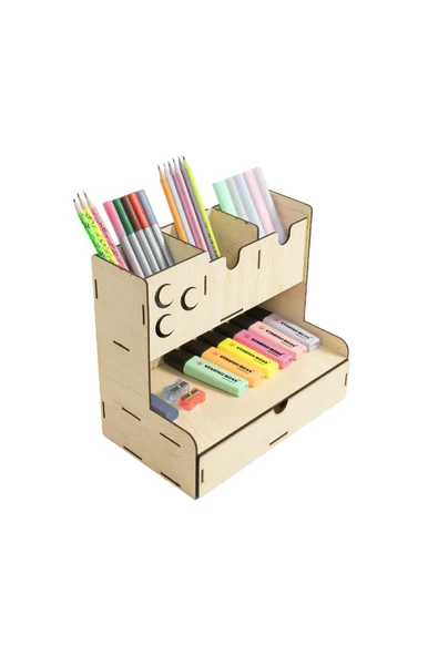 Notpa Çekmeceli Üç Hilal Desenli Akçaağaç Masaüstü Kalemlik Organizer Montajı Yapılmış Ürün - Resim 6