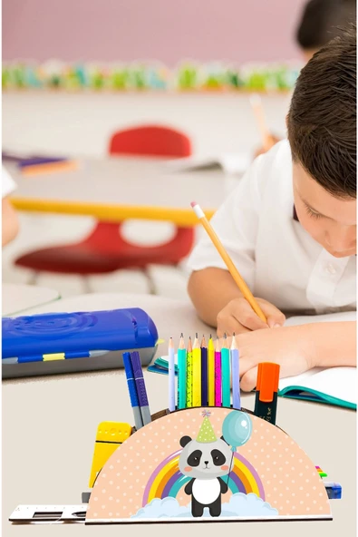 Notpa Ahşap Panda Gökkuşağı Cetvelli Masaüstü Kalemlik Kutu Çocuklar Için Organizer Gk117 ürün görseli 1