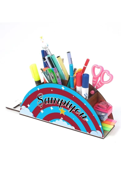 Notpa Ahşap Bordo Mavi Gökkuşağı Cetvelli Masaüstü Kalemlik Kutu Çocuklar Için Organizer Gk41 - Resim 3