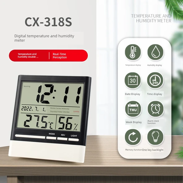 Arka Işıklı, Alarm ve Takvimli Ev Termometre Higrometresi - CX-318S