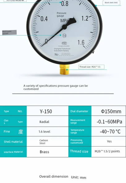 Y-150 Basınç Ölçer - -0.1 + 0.3MPa - 12