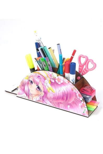 Notpa Ahşap Pembe Mutlu Anime Gökkuşağı Cetvelli Masaüstü Kalemlik Kutu Çocuklar Için Organizer Gk59 - Resim 2