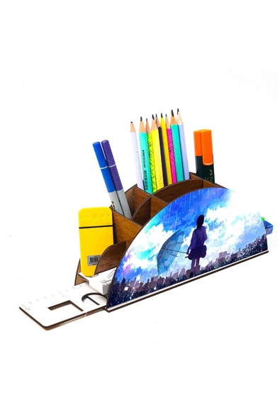 Notpa Ahşap Yağmurlu Anime Gökkuşağı Cetvelli Masaüstü Kalemlik Kutu Çocuklar Için Organizer Gk61 - Resim 3