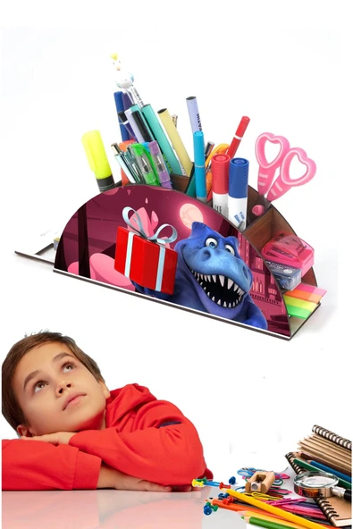 Notpa Ahşap Dinazor Trex Mavi Gökkuşağı Cetvelli Masaüstü Kalemlik Kutu Çocuklar Için Organizer Gk19 ürün görseli 1