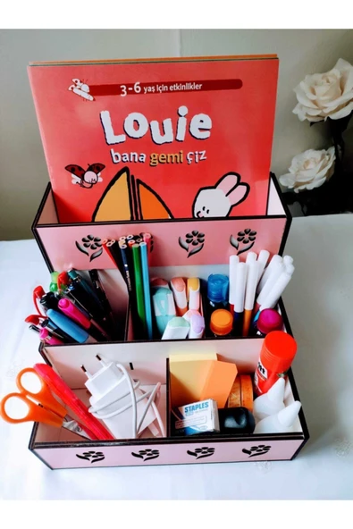 Notpa Ahşap Çiçekli Kalpli Pembe Beyaz Masaüstü Kalemlik Organizer - Resim 2