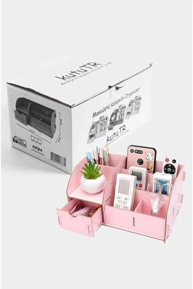 Notpa Pembe Çekmeceli Ahşap Masaüstü Kalemlik Kalem Kutusu Organizer Montajı Yapılmış Kutulu Ürün - Resim 2