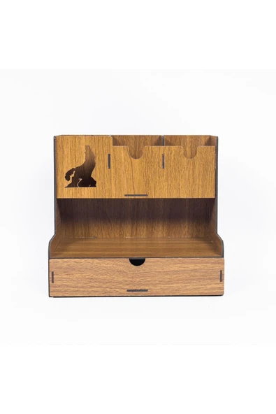 Notpa Çekmeceli Bozkurt Fiğürlü Masaüstü Kalemlik Organizer Ceviz Montajı Yapılmış Ürün - Resim 6
