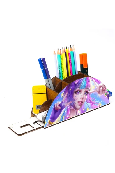 Notpa Ahşap Zafer Anime Kızı Gökkuşağı Cetvelli Masaüstü Kalemlik Kutu Çocuklar Için Organizer Gk60 - Resim 5