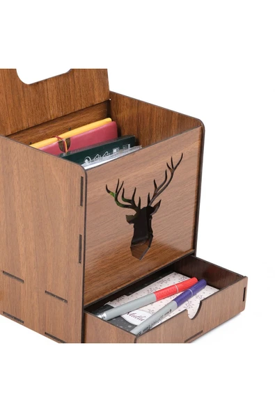 Notpa Ahşap Masaüstü Organizer Kalemlik Peçetelik Kare Geyikli Montajı Yapılmış (ceviz) - Resim 2