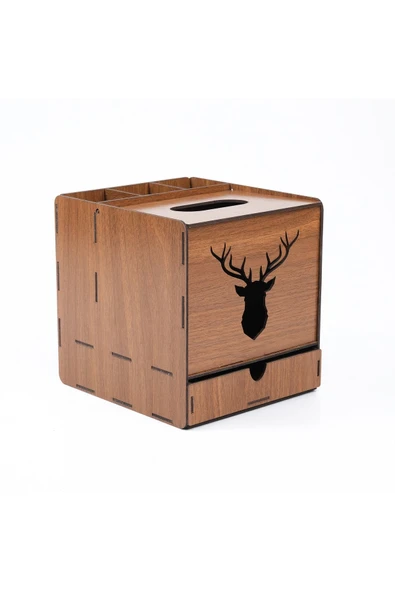 Notpa Ahşap Masaüstü Organizer Kalemlik Peçetelik Kare Geyikli Montajı Yapılmış (ceviz) - Resim 3