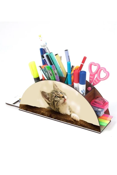 Notpa Ahşap Kedi Gökkuşağı Cetvelli Masaüstü Kalemlik Kutu Çocuklar Için Organizer Gk123 - Resim 3