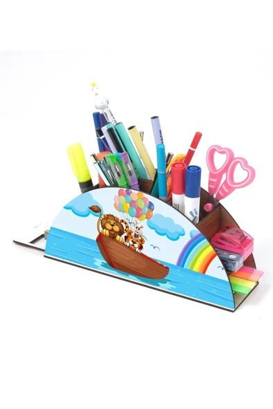 Notpa Ahşap Hayvanlar Sandalda Gökkuşağı Cetvelli Masaüstü Kalemlik Kutu Çocuklar Için Organizer Gk11 - Resim 2