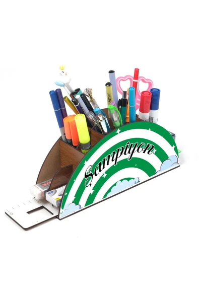 Notpa Ahşap Yeşil Beyaz Gökkuşağı Cetvelli Masaüstü Kalemlik Kutu Çocuklar Için Organizer Gk6 - Resim 3