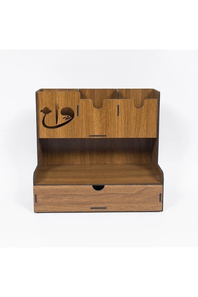 Notpa Çekmeceli Elif Vav Fiğürlü Masaüstü Kalemlik Organizer Ceviz Montajı Yapılmış Ürün - Resim 5