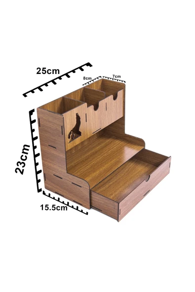 Notpa Çekmeceli Bozkurt Fiğürlü Masaüstü Kalemlik Organizer Ceviz Montajı Yapılmış Ürün - Resim 8