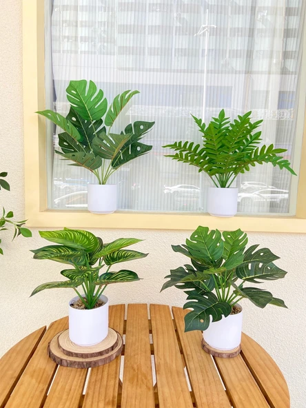 Taş Saksıda Yapay Yeşil Bonsai - Kaplumbağa Sırtı Yaprağı (Yüksek + Alçak) - Resim 2