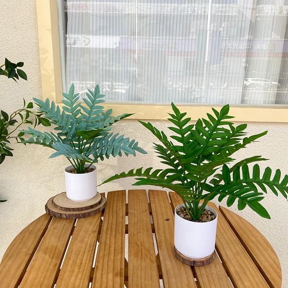 Taş Saksıda Yapay Yeşil Bonsai - Krizantem Yaprağı (Yeşil + Açık Cam Göbeği)