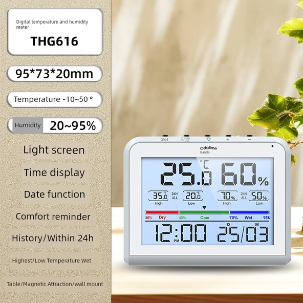 Elektronik Higrometre - THG616 - Arkadan Aydınlatmalı, Konfor, Saat ve Tarih