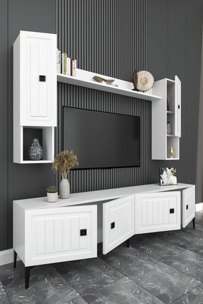 Happylife Furniture Design  %100 MDF Tv Ünitesi İşlemeli 180 Cm Renk Beyaz Aytaşı - 4