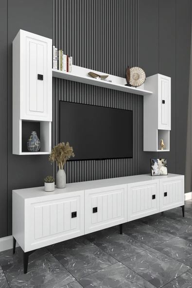 %100 MDF Tv Ünitesi İşlemeli 180 Cm Renk Beyaz Aytaşı