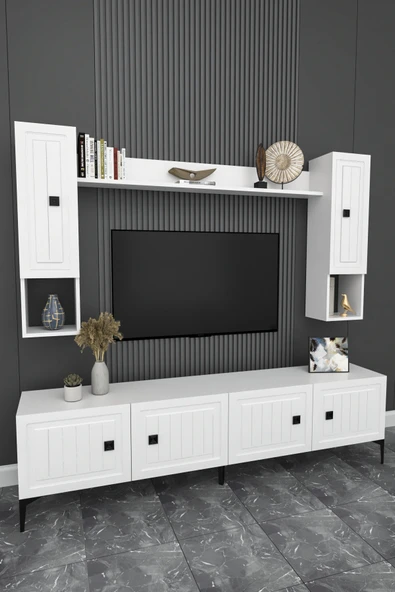 Happylife Furniture Design  %100 MDF Tv Ünitesi İşlemeli 180 Cm Renk Beyaz Aytaşı - 3