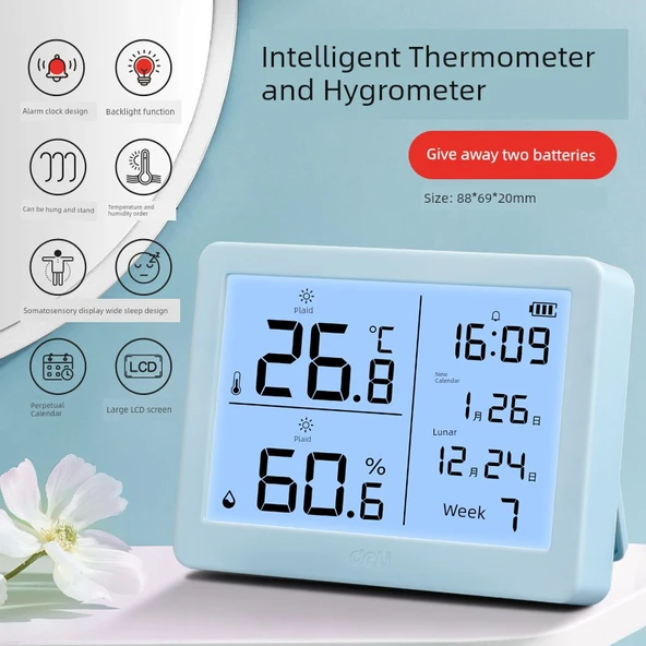 Elektronik Higrometre - Mavi Alarmlı ve Arka Işıklı Nem ve Sıcaklık Ölçer